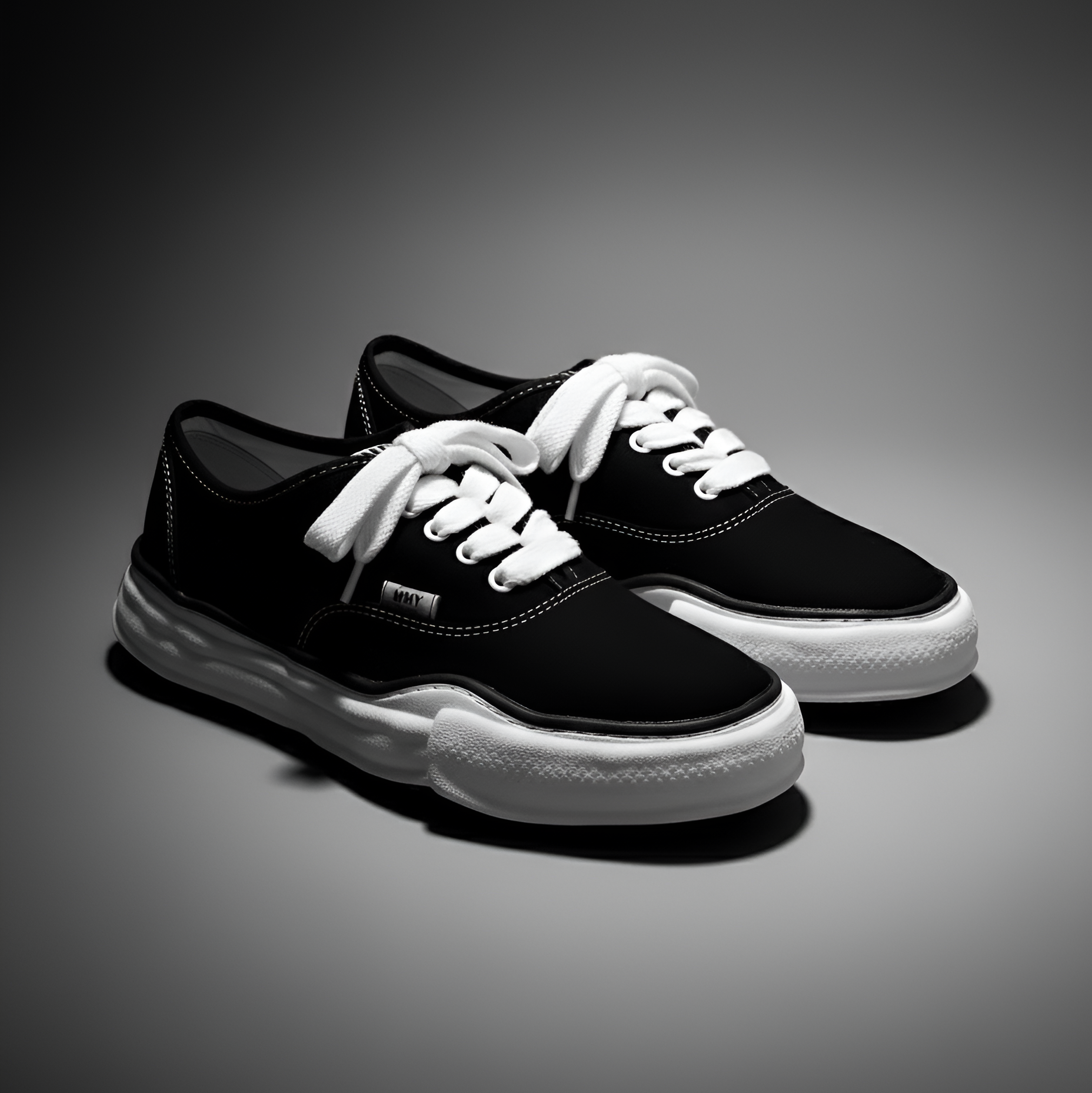 Black sneakers with white laces on a gray background